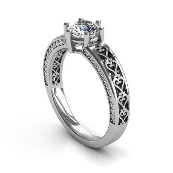 🍁 Diamond Anillo Flower Carved CZ Filled Silver Vintage Ring for Women, VIP582 - Picture 2 of 7